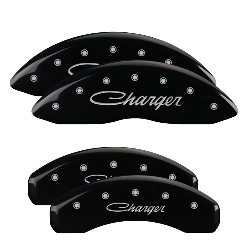 Load image into Gallery viewer, MGP 4 Caliper Covers Engraved Front & Rear Cursive/Charger Black finish silver ch