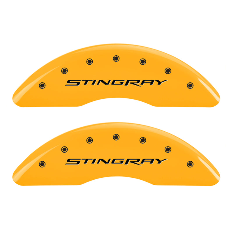 Load image into Gallery viewer, MGP 4 Caliper Covers Engraved Front & Rear Stingray Yellow finish black ch