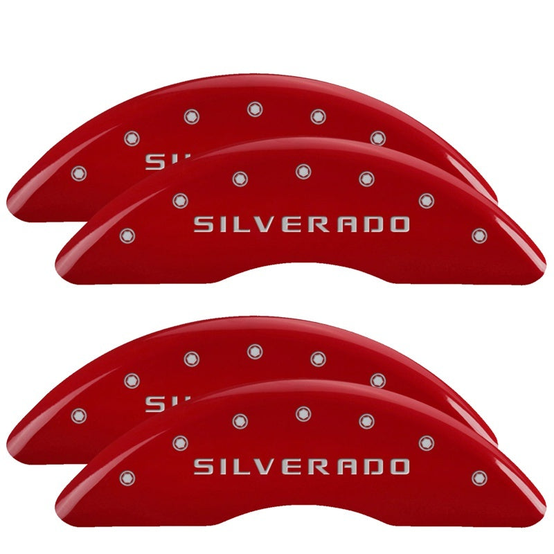 Load image into Gallery viewer, MGP 4 Caliper Covers Engraved Front & Rear Silverado Red finish silver ch