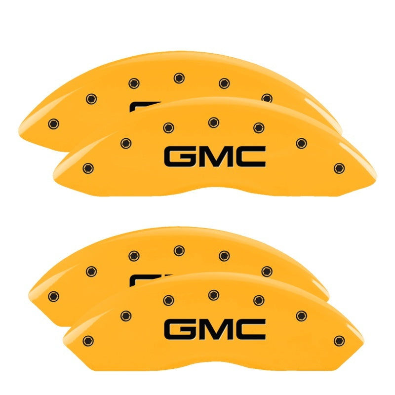 Load image into Gallery viewer, MGP 4 Caliper Covers Engraved F & R Gm Style/Hybrid Yellow Finish Black Char 2002 GMC Sierra 1500