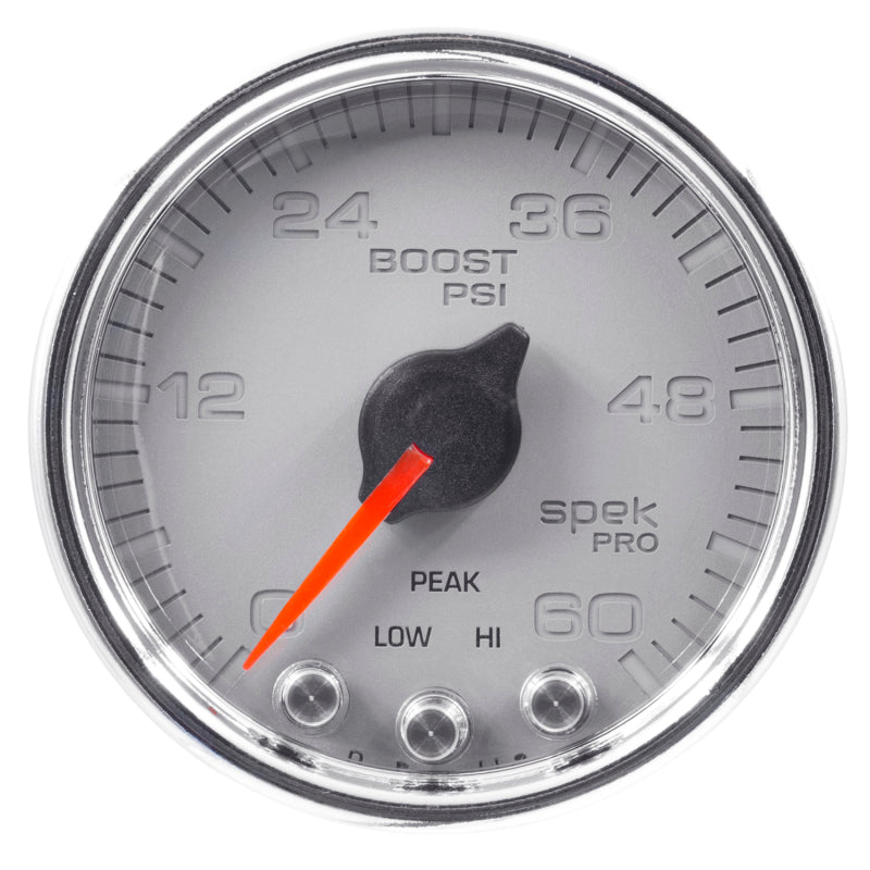 Load image into Gallery viewer, Autometer Spek-Pro Gauge Boost 2 1/16in 60psi Stepper Motor W/Peak & Warn Slvr/Chrm