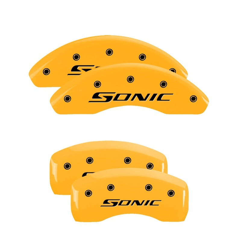 Load image into Gallery viewer, MGP 4 Caliper Covers Engraved Front & Rear MGP Yellow finish black ch