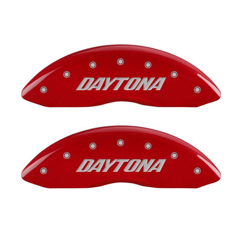 Load image into Gallery viewer, MGP 4 Caliper Covers Engraved Front & Rear Daytona Red finish silver ch
