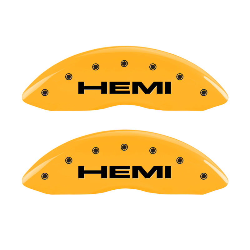 Load image into Gallery viewer, MGP 4 Caliper Covers Engraved Front & Rear Hemi Yellow finish black ch