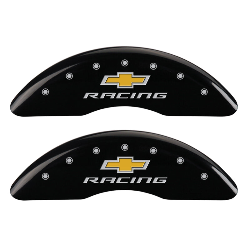 Load image into Gallery viewer, MGP 4 Caliper Covers Engraved F & R Chevy Racing Black Finish Silver Char 2019 Chevrolet Camaro