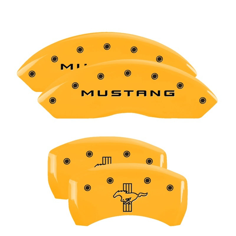 Load image into Gallery viewer, MGP 4 Caliper Covers Engraved Front Mustang Engraved Rear Bar & Pony Yellow finish black ch