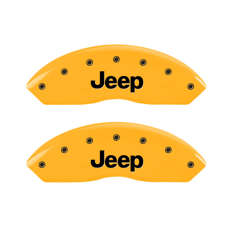 Load image into Gallery viewer, MGP 4 Caliper Covers Engraved Front & Rear Jeep Yellow Finish Black Char 2006 Jeep Wrangler