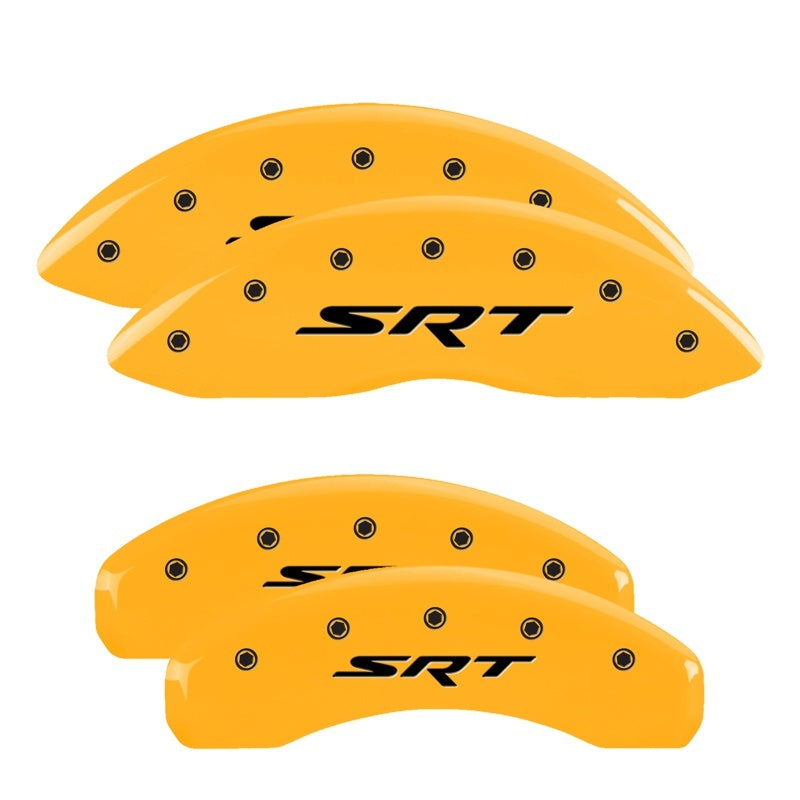 Load image into Gallery viewer, MGP 4 Caliper Covers Engraved Front & Rear Srt Yellow Finish Black Char 2006 Jeep Commander