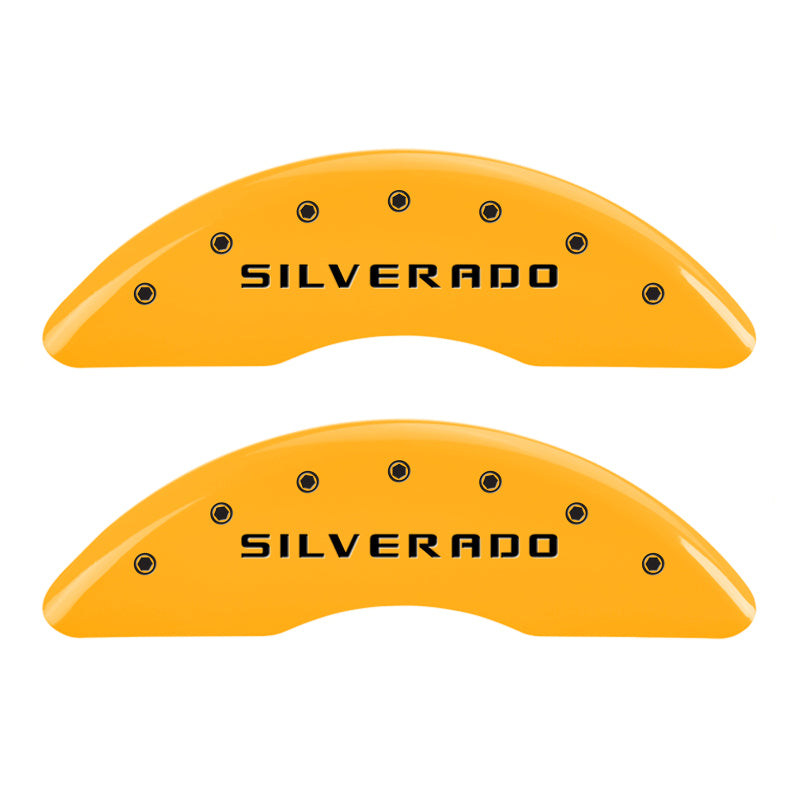 Load image into Gallery viewer, MGP 4 Caliper Covers Engraved Front & Rear Silverado Yellow finish black ch