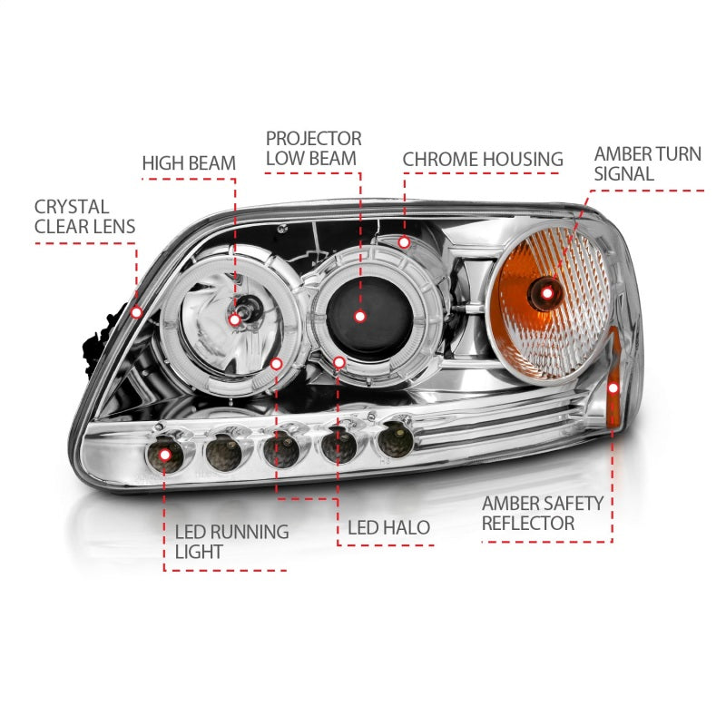 Load image into Gallery viewer, ANZO 1997.5-2003 Ford F-150 Projector Headlights w/ Halo and LED Chrome 1pc
