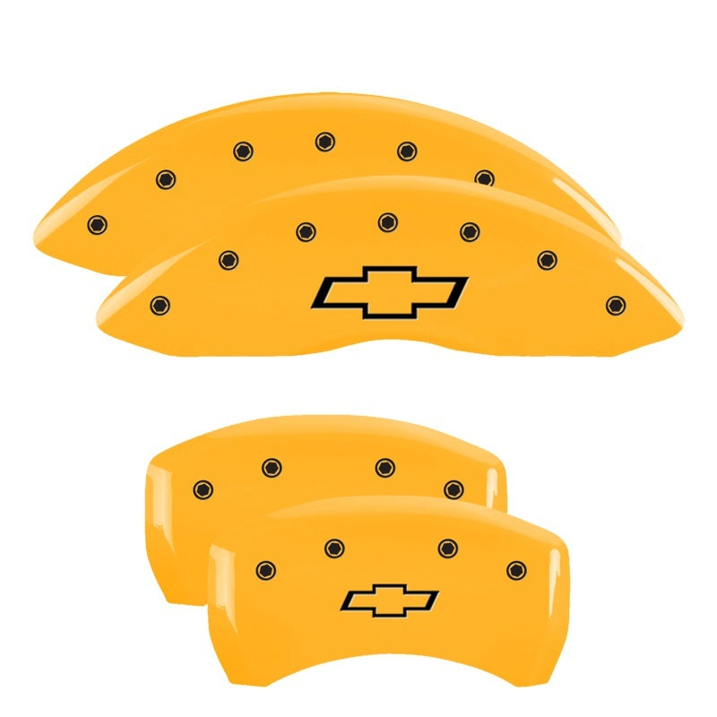 Load image into Gallery viewer, MGP 4 Caliper Covers Engraved Front & Rear Bowtie Yellow Finish Black Char 2000 Chevrolet Camaro