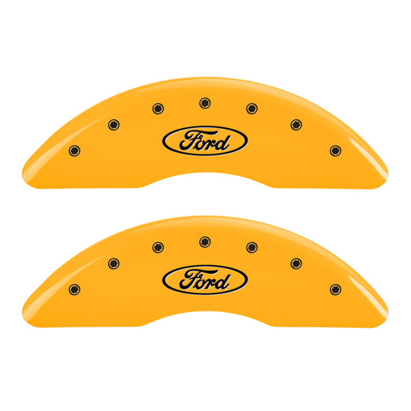 Load image into Gallery viewer, MGP 4 Caliper Covers Engraved Front & Rear Oval logo/Ford Yellow finish black ch