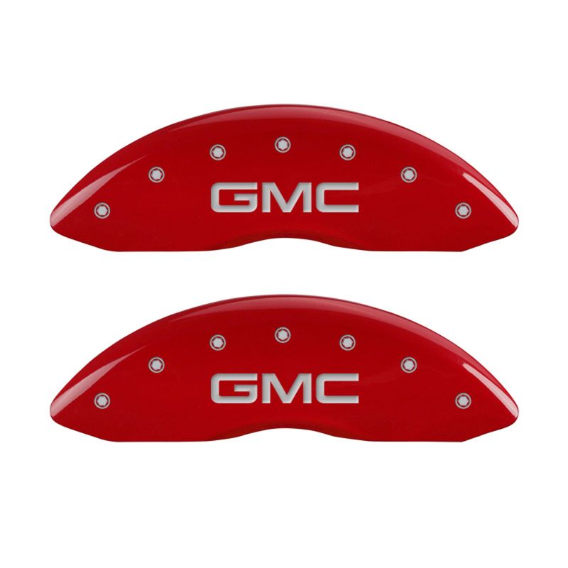 Load image into Gallery viewer, MGP Front set 2 Caliper Covers Engraved Front GMC Red finish silver ch