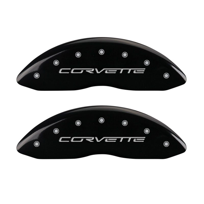 Load image into Gallery viewer, MGP 4 Caliper Covers Engraved Front & Rear C6/Corvette Black finish silver ch