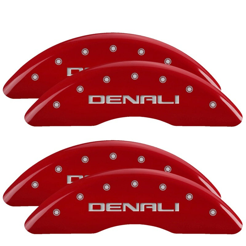 Load image into Gallery viewer, MGP 4 Caliper Covers Engraved Front & Rear Denali Red finish silver ch