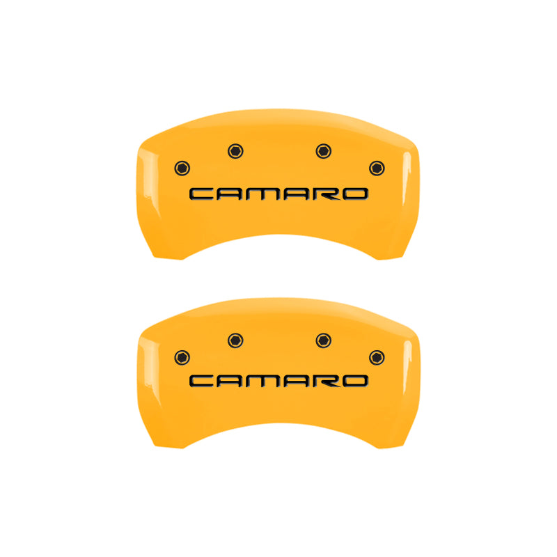 Load image into Gallery viewer, MGP 4 Caliper Covers Engraved Front Camaro Rear Gen 4/Ss Yellow Finish Black Char 1998 Chevy Camaro