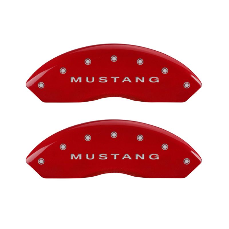 Load image into Gallery viewer, MGP 4 Caliper Covers Engraved Front Mustang Engraved Rear S197/Bar & Pony Red finish silver ch