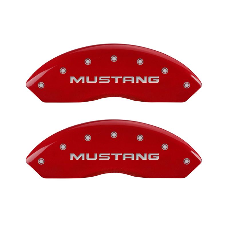 Load image into Gallery viewer, MGP 4 Caliper Covers Engraved Front Mustang Engraved Rear SN95/GT Red finish silver ch