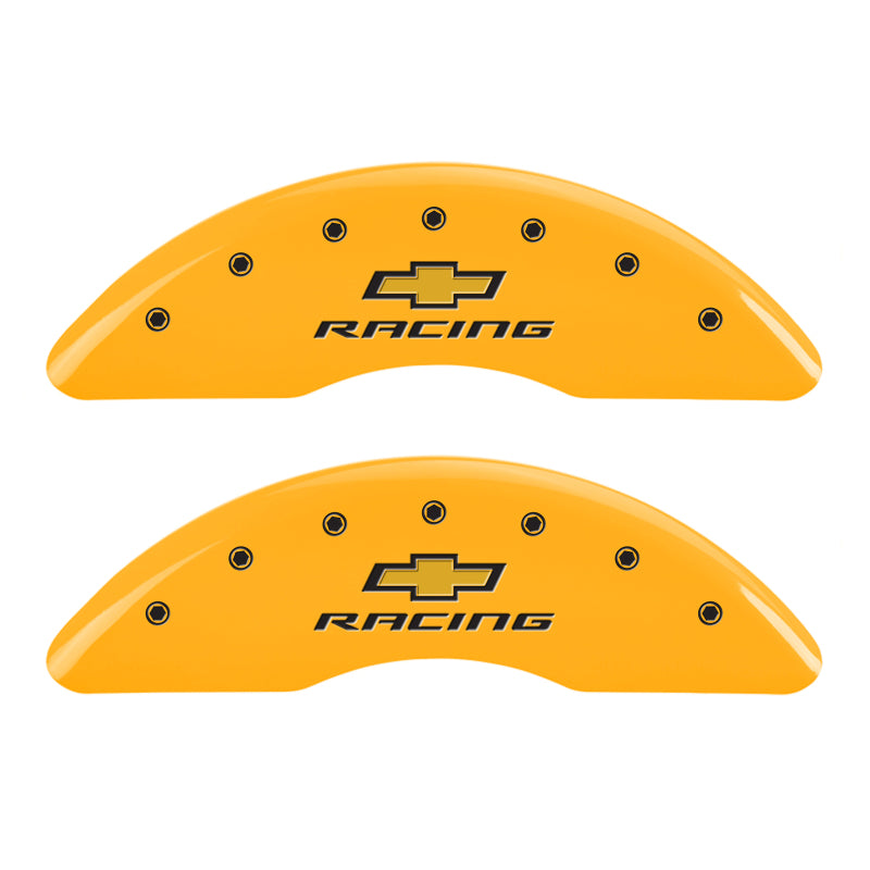 Load image into Gallery viewer, MGP 4 Caliper Covers Engraved F & R Chevy Racing Yellow Finish Black Char 2016 Chevrolet Camaro