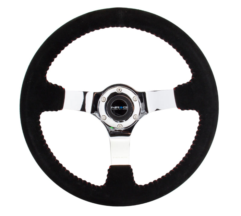 Load image into Gallery viewer, NRG Reinforced Steering Wheel (350mm / 3in. Deep) Blk Suede w/Red BBall Stitch & Chrome 3-Spoke