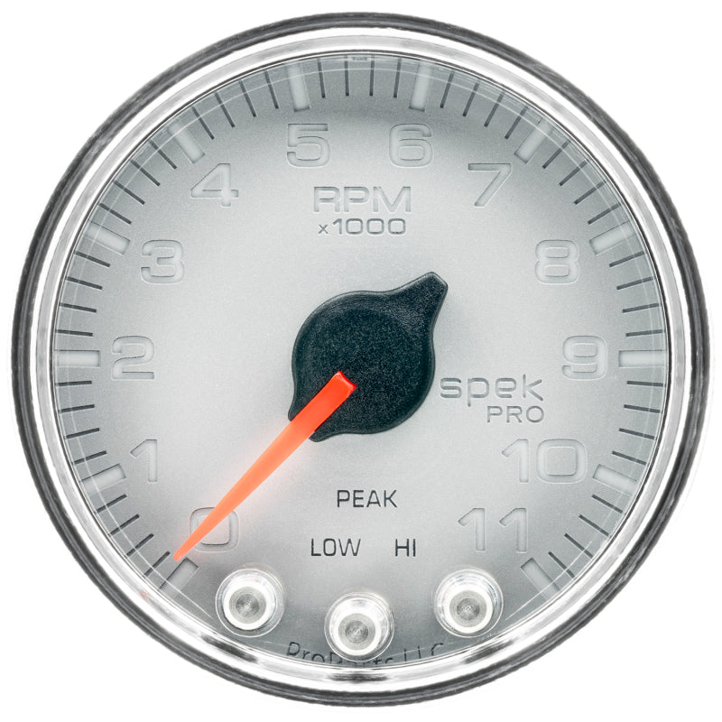 Load image into Gallery viewer, Autometer Spek-Pro Gauge Tach 2 1/16in 11K Rpm W/ Shift Light & Peak Mem Slvr/Chrm
