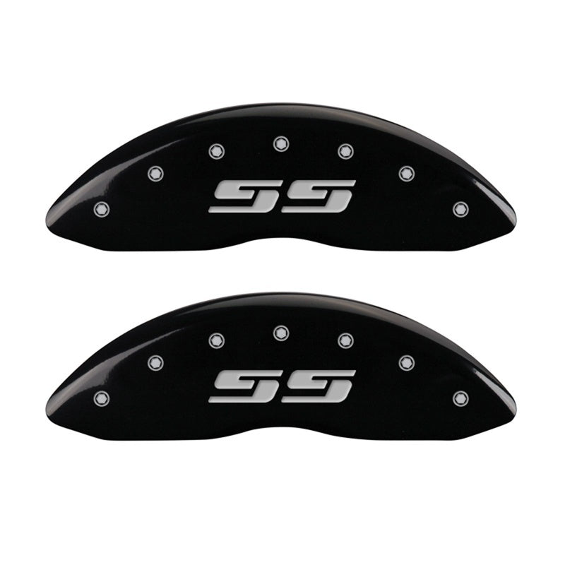 Load image into Gallery viewer, MGP Front set 2 Caliper Covers Engraved Front Silverado style/SS Black finish silver ch