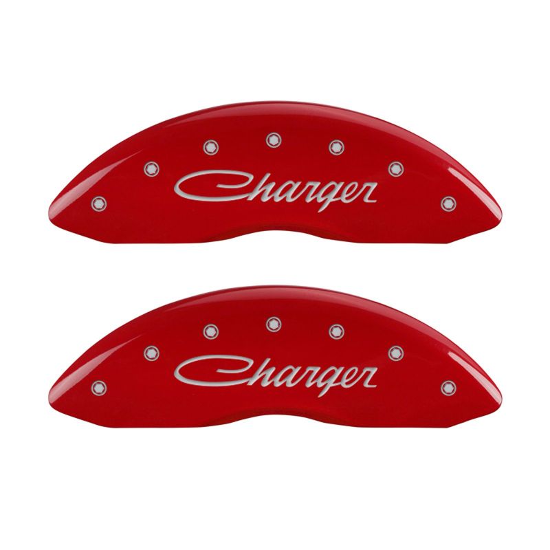 Load image into Gallery viewer, MGP 4 Caliper Covers Engraved Front & Rear Cursive/Charger Red finish silver ch