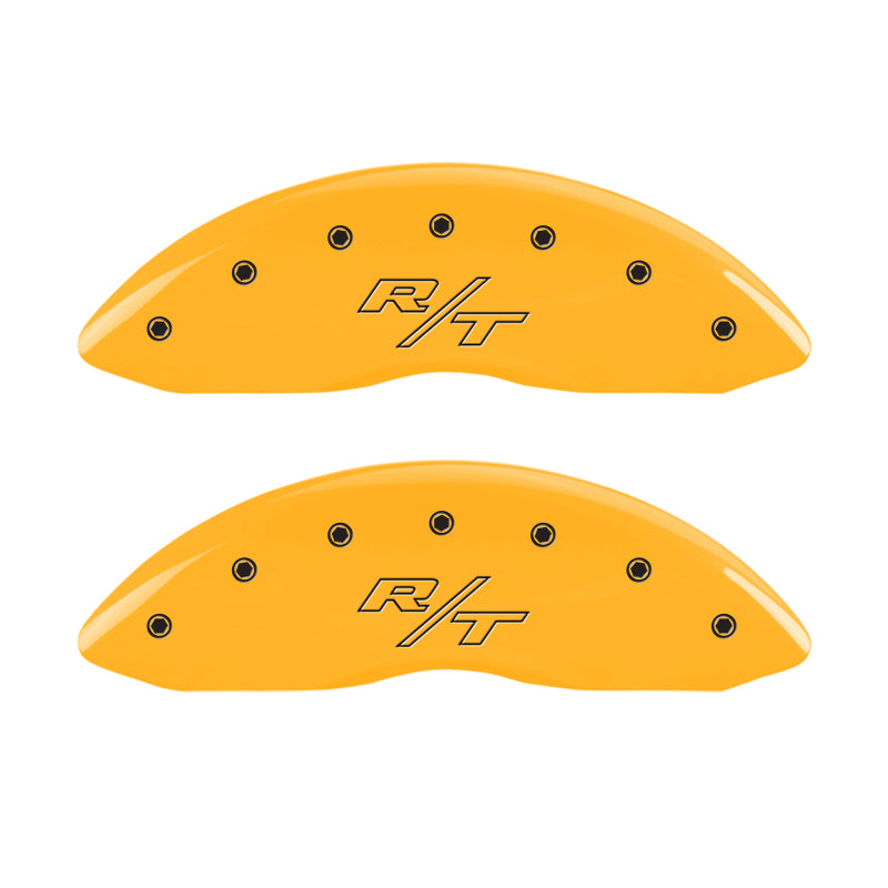Load image into Gallery viewer, MGP 4 Caliper Covers Engraved Front & Rear Vintage Style/RT Yellow finish black ch