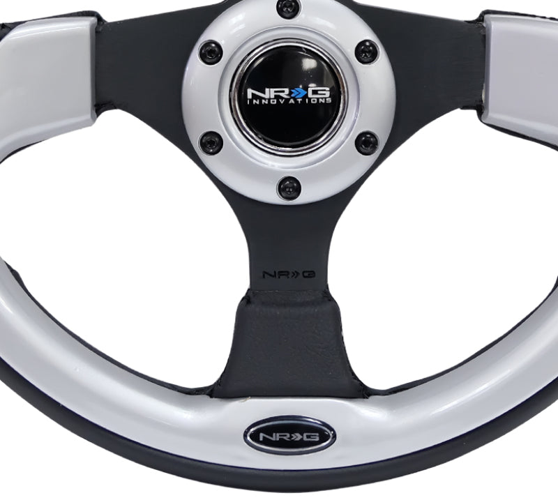 Load image into Gallery viewer, NRG Reinforced Steering Wheel (320mm) Blk w/Silver Trim & 5mm 3-Spoke