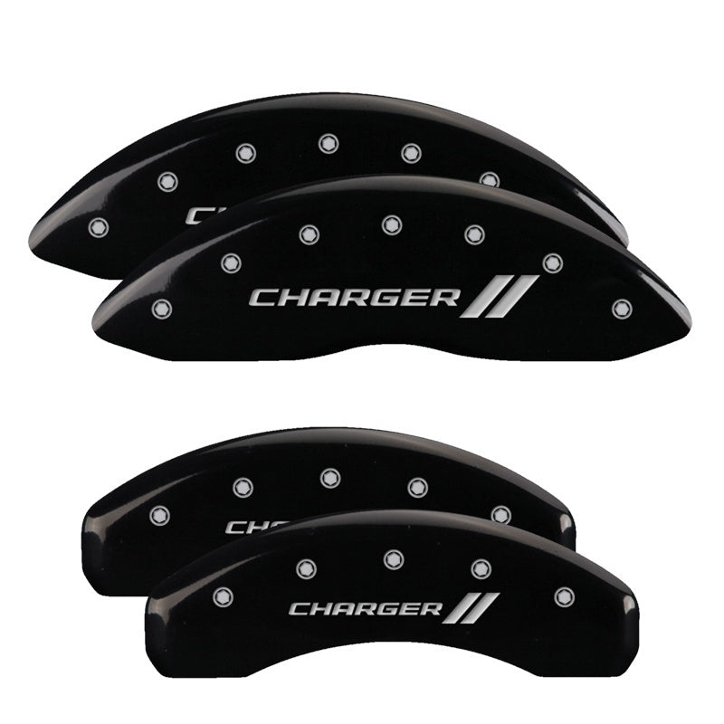 Load image into Gallery viewer, MGP 4 Caliper Covers Engraved Front & Rear With stripes/Charger Black finish silver ch