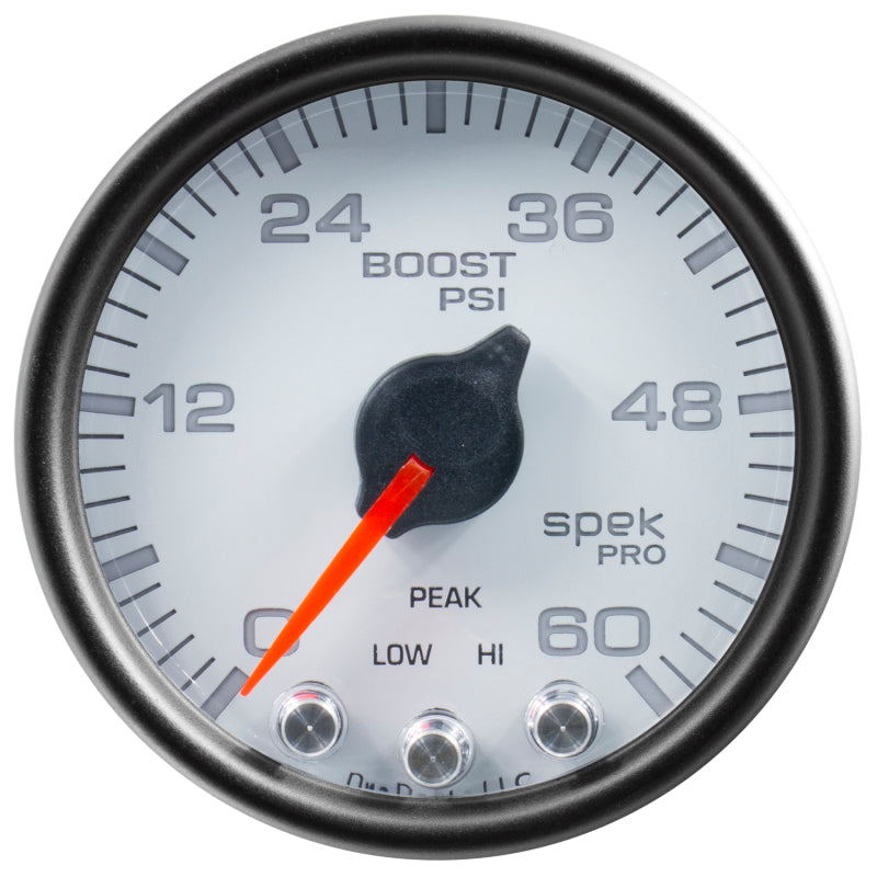 Load image into Gallery viewer, Autometer Spek-Pro Gauge Boost 2 1/16in 60psi Stepper Motor W/Peak & Warn Wht/Blk