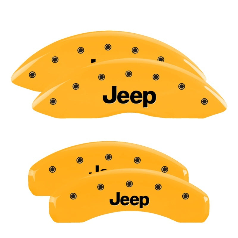 Load image into Gallery viewer, MGP 4 Caliper Covers Engraved Front & Rear Jeep Yellow Finish Black Char 2004 Jeep Grand Cherokee