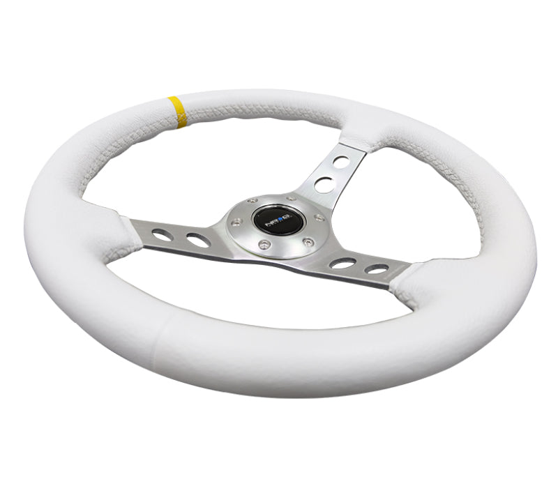 Load image into Gallery viewer, NRG Reinforced Steering Wheel (350mm / 3in. Deep) Wht Leather w/Silver Spoke & Single Yellow Mark