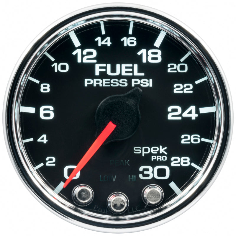 Load image into Gallery viewer, Autometer Spek-Pro Gauge Fuel Press 2 1/16in 30psi Stepper Motor W/Peak & Warn Blk/Chrm