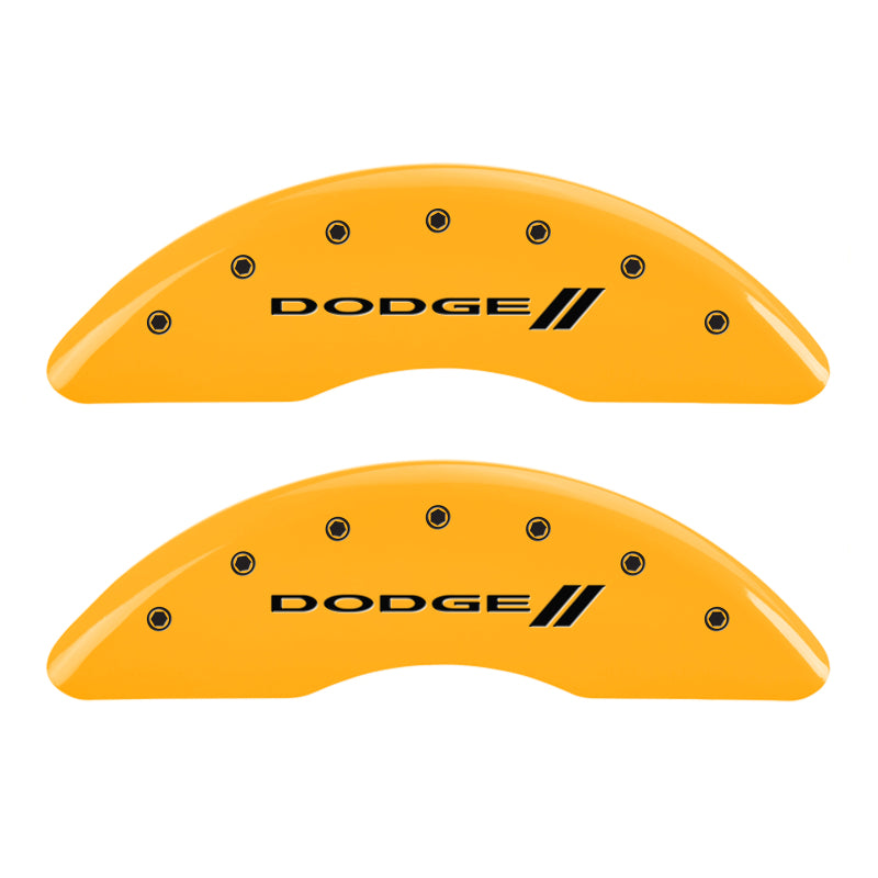 Load image into Gallery viewer, MGP 4 Caliper Covers Engraved F & R Stripes/Dodge Yellow Finish Black Char 2010 Dodge Ram 3500