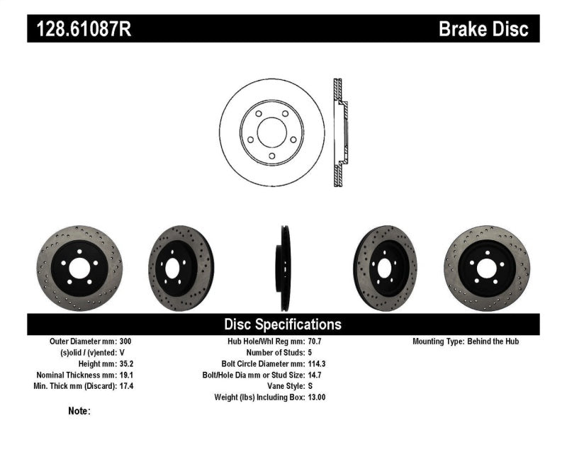 Load image into Gallery viewer, StopTech 05-10 Ford Mustang V6/4.0L / GT V8/4.6L Cross Drilled Right Rear Rotor