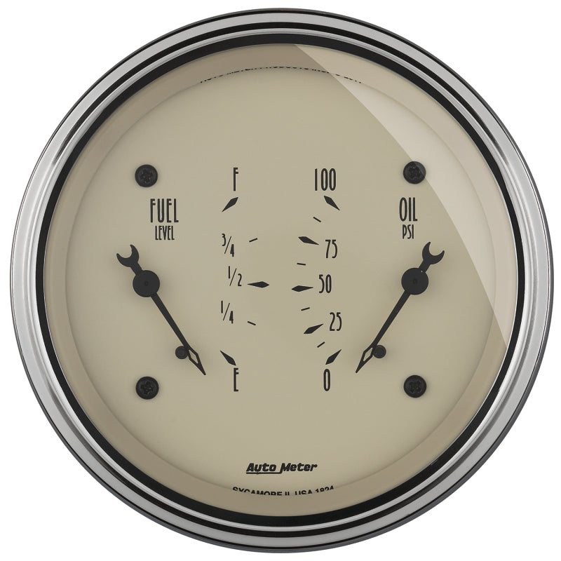 Load image into Gallery viewer, AutoMeter Gauge Dual Fuel & Oilp 3-3/8in. 0 Ohm(e) to 90 Ohm(f)& 100PSI Elec Antq Beige