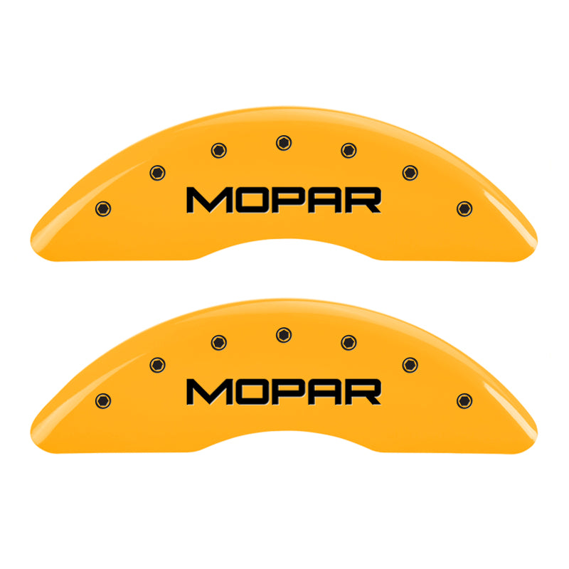 Load image into Gallery viewer, MGP 4 Caliper Covers Engraved Front & Rear MOPAR Yellow finish black ch