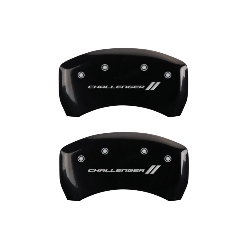 Load image into Gallery viewer, MGP 4 Caliper Covers Engraved Front & Rear With stripes/Challenger Black finish silver ch