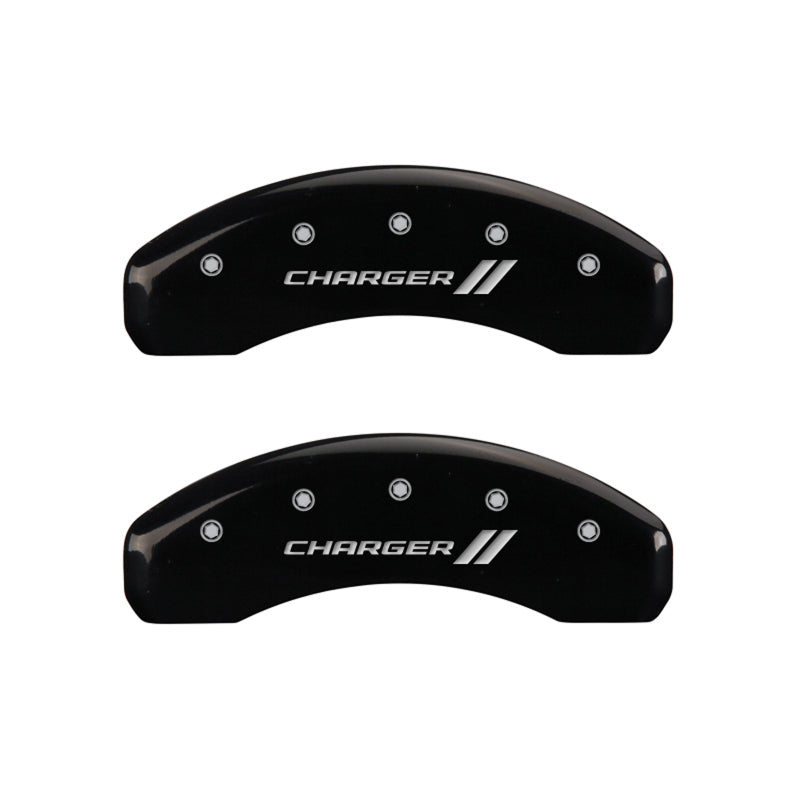 Load image into Gallery viewer, MGP 4 Caliper Covers Engraved Front & Rear With stripes/Charger Black finish silver ch