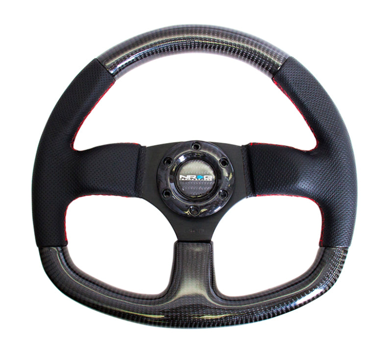 Load image into Gallery viewer, NRG Carbon Fiber Steering Wheel (320mm) Flat Bottom & Leather Trim w/Red Stitching