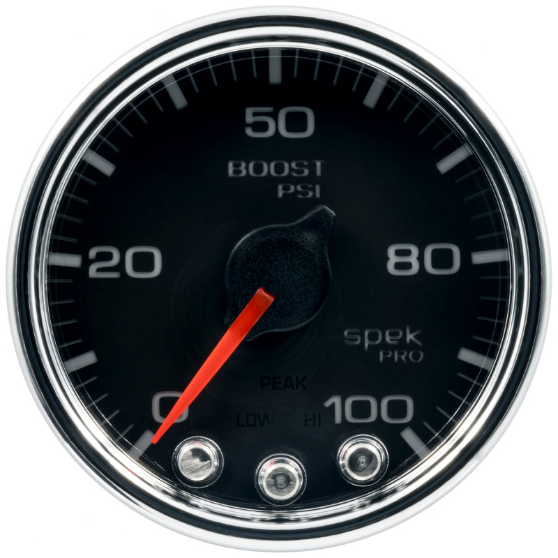 Load image into Gallery viewer, Autometer Spek-Pro Gauge Boost 2 1/16in 100psi Stepper Motor W/Peak & Warn Blk/Chrm