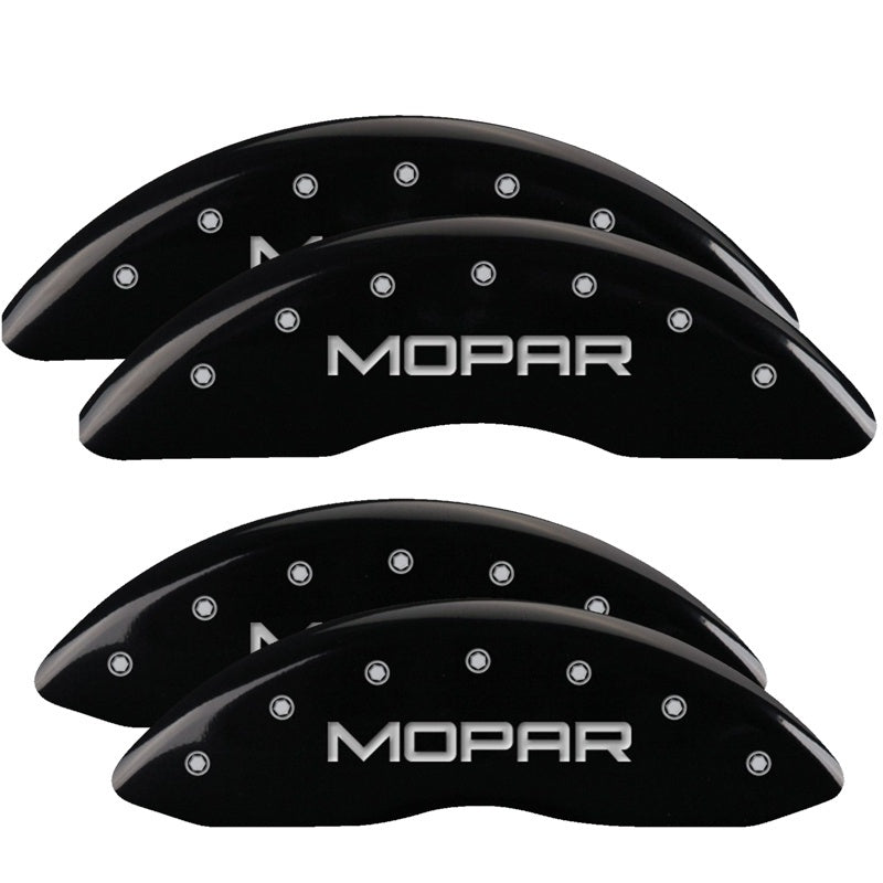 Load image into Gallery viewer, MGP 4 Caliper Covers Engraved Front & Rear MOPAR Black finish silver ch