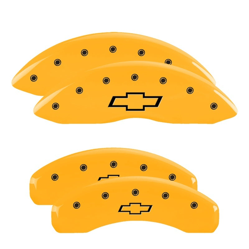 Load image into Gallery viewer, MGP 4 Caliper Covers Engraved F & R Bowtie Yellow Finish Black Char 2000 Chevrolet Silverado 2500