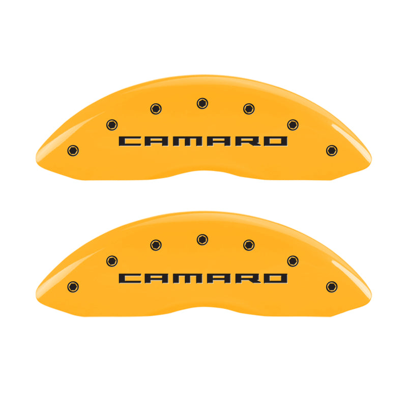 Load image into Gallery viewer, MGP 4 Caliper Covers Engraved Front Gen 5/Camaro Engraved Rear Gen 5/Z28 Yellow finish black ch
