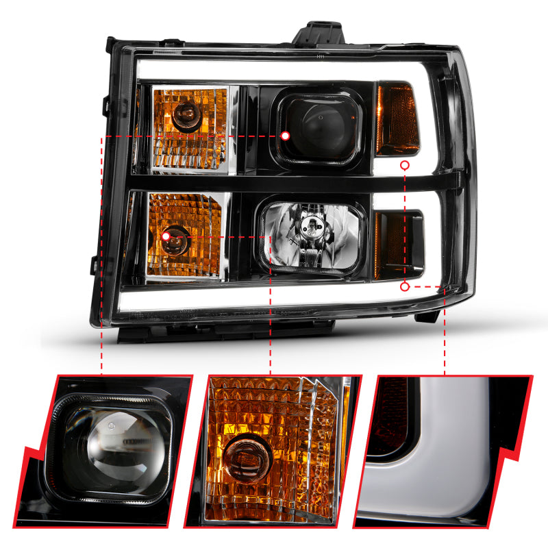 Load image into Gallery viewer, ANZO 2007-2013 GMC Sierra 1500 Projector Headlight Plank Style Black w/ Clear Lens Amber