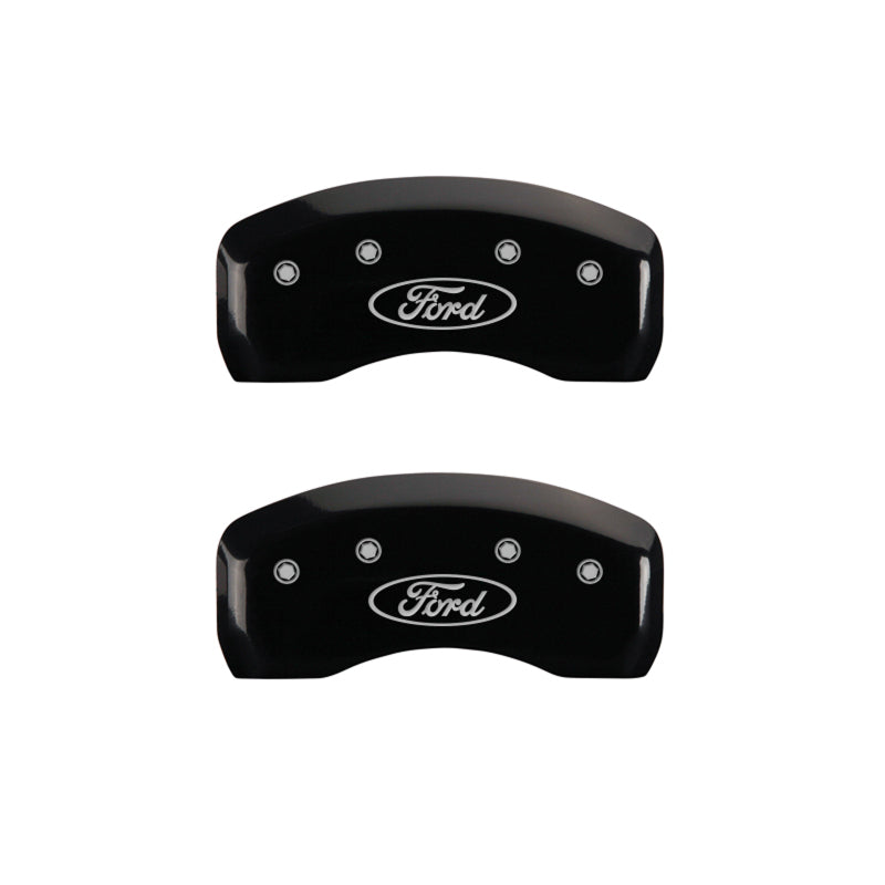 Load image into Gallery viewer, MGP 4 Caliper Covers Engraved Front & Rear Oval logo/Ford Black finish silver ch