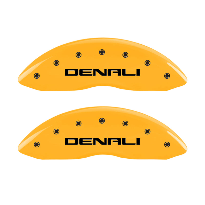 Load image into Gallery viewer, MGP 4 Caliper Covers Engraved Front & Rear Denali Yellow finish black ch