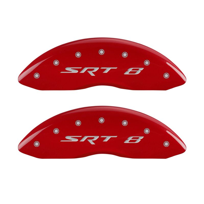Load image into Gallery viewer, MGP 4 Caliper Covers Engraved Front & Rear SRT8 Red finish silver ch