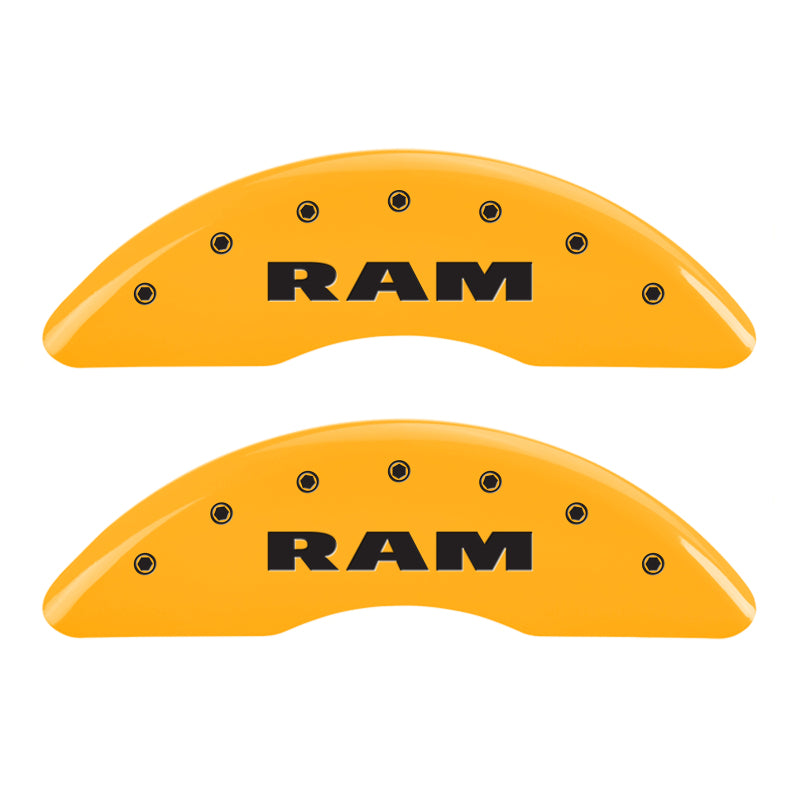 Load image into Gallery viewer, MGP 4 Caliper Covers Engraved Front RAM Engraved Rear RAMHEAD Yellow finish black ch